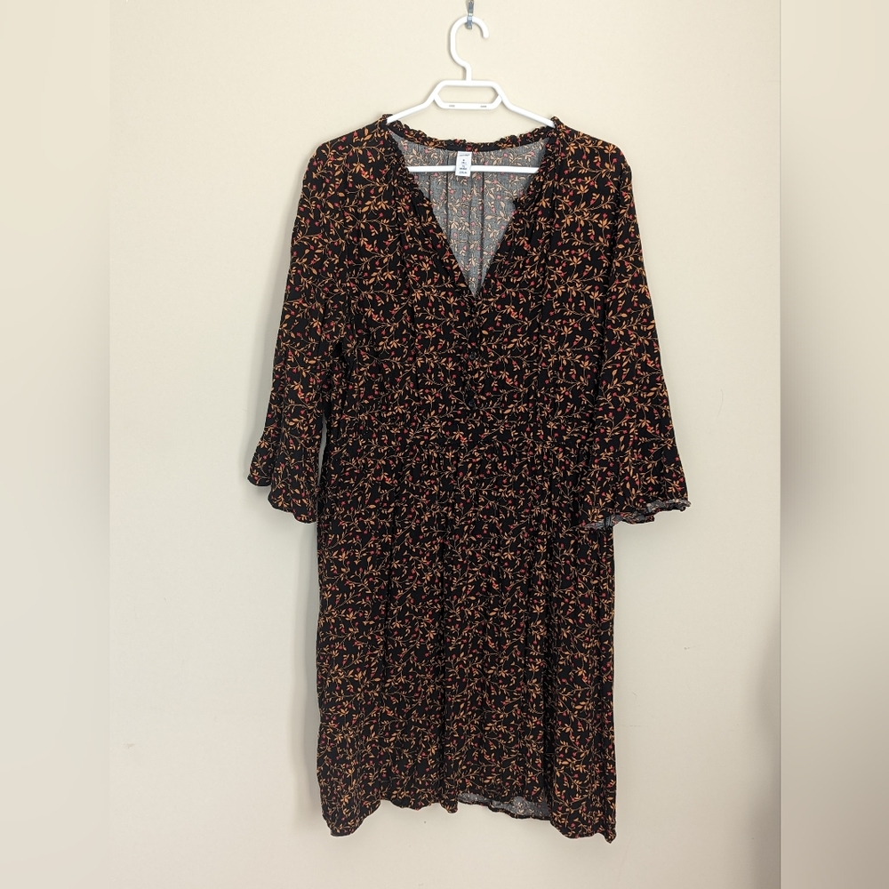 Old Navy XL Tall Black Dress with Gold and Red Small Floral Pattern